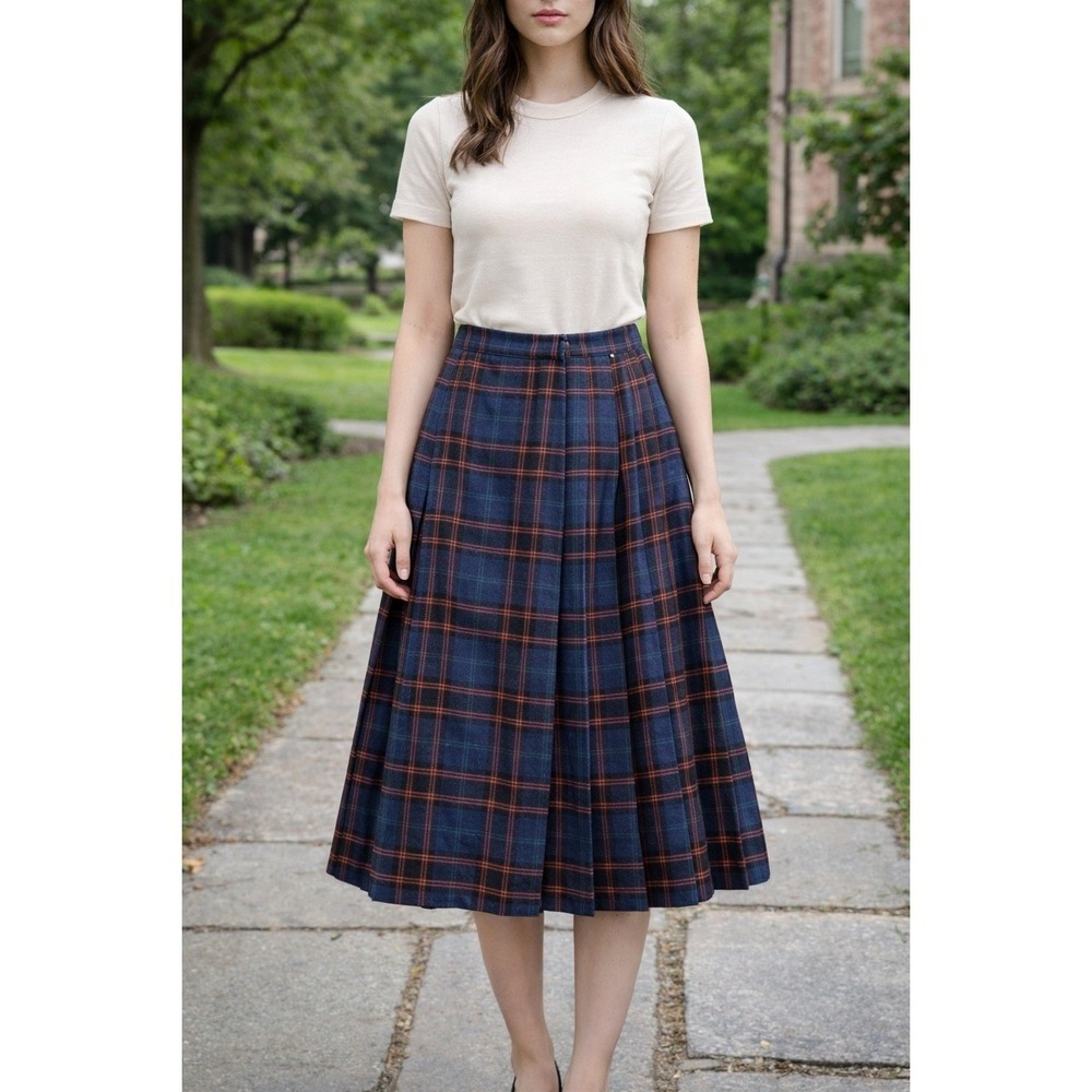 Vtg ILGWU Union Made Skirt Womens Waist Size 30 Wool Plaid Pleated Academia USA